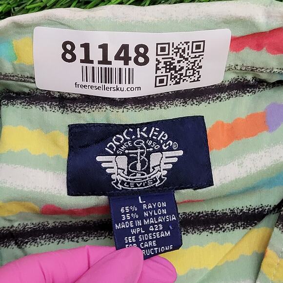 DOCKERS Colorful Stripes Button Shirt Large 24x29 Baggy - Picture 6 of 12